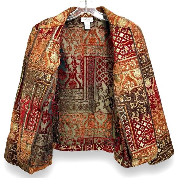 Textured Tapestry Jacquard Blazer Jacket 1X Chenille Zip Brown Indy Boho Baroque - Picture 3 of 11